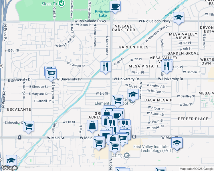 map of restaurants, bars, coffee shops, grocery stores, and more near in Mesa