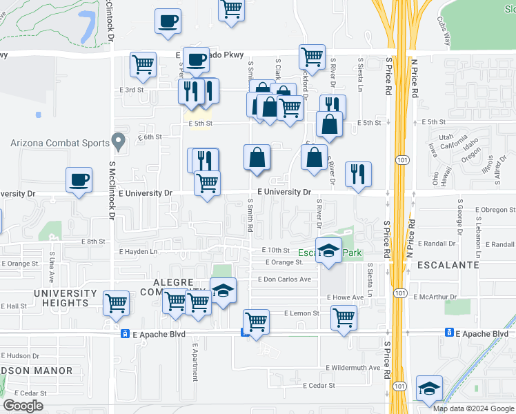 map of restaurants, bars, coffee shops, grocery stores, and more near 2007 East University Drive in Tempe