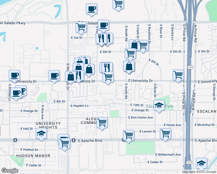 map of restaurants, bars, coffee shops, grocery stores, and more near 1949 East University Drive in Tempe