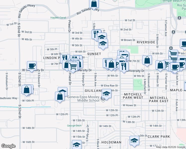 map of restaurants, bars, coffee shops, grocery stores, and more near 1211 West University Drive in Tempe