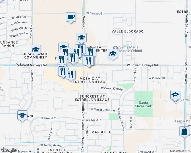 map of restaurants, bars, coffee shops, grocery stores, and more near 2920 South 74th Drive in Phoenix