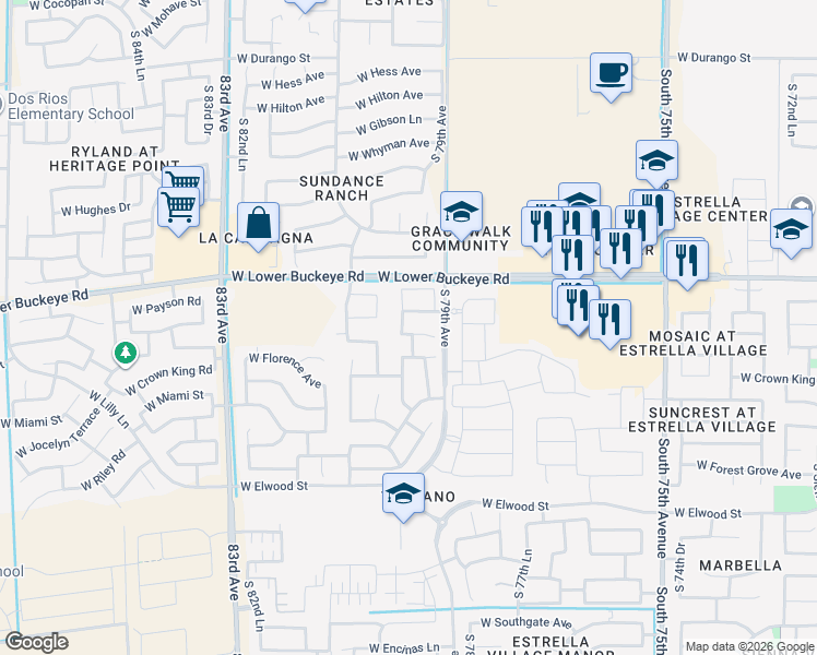 map of restaurants, bars, coffee shops, grocery stores, and more near 7929 West Winslow Avenue in Phoenix