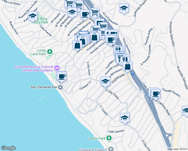 map of restaurants, bars, coffee shops, grocery stores, and more near 251 Avenida Madrid in San Clemente