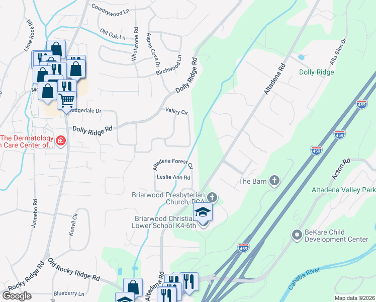 map of restaurants, bars, coffee shops, grocery stores, and more near 3555 Valley Circle in Vestavia Hills