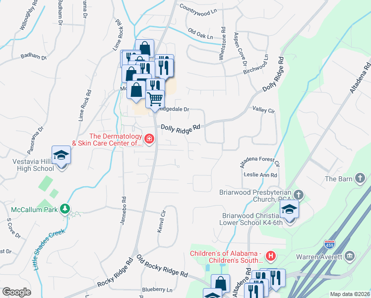 map of restaurants, bars, coffee shops, grocery stores, and more near 3333 Timber Ridge Drive in Vestavia Hills