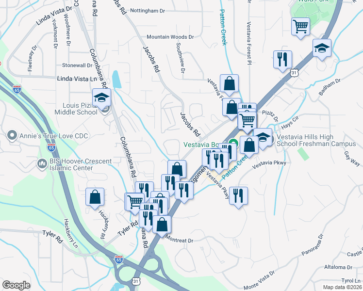 map of restaurants, bars, coffee shops, grocery stores, and more near 2717 Southbury Circle in Vestavia Hills
