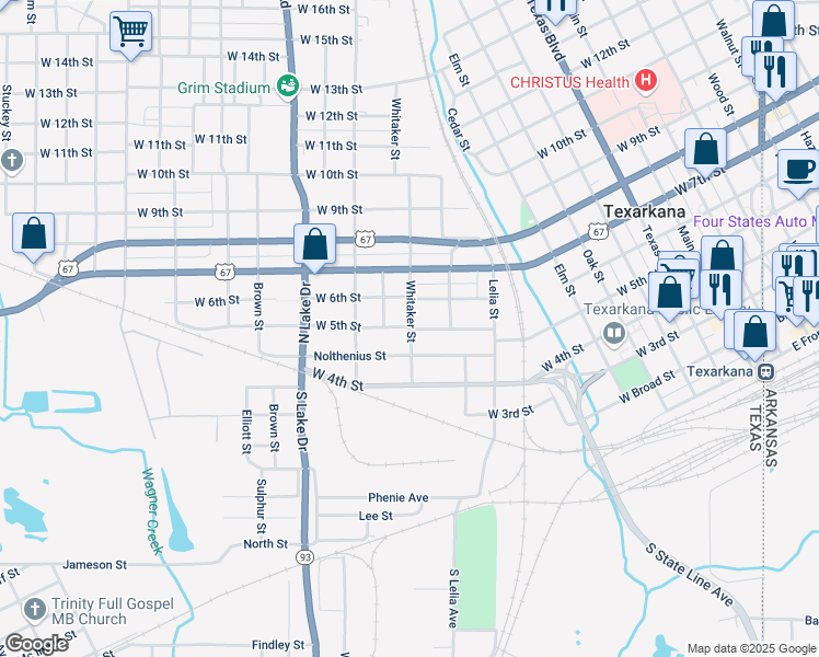 map of restaurants, bars, coffee shops, grocery stores, and more near 517 Whitaker Street in Texarkana