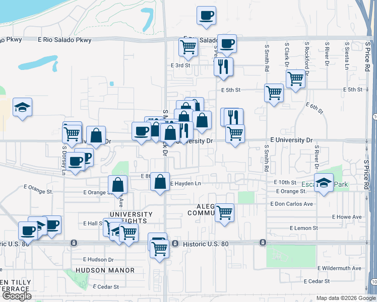 map of restaurants, bars, coffee shops, grocery stores, and more near 1845 East University Drive in Tempe