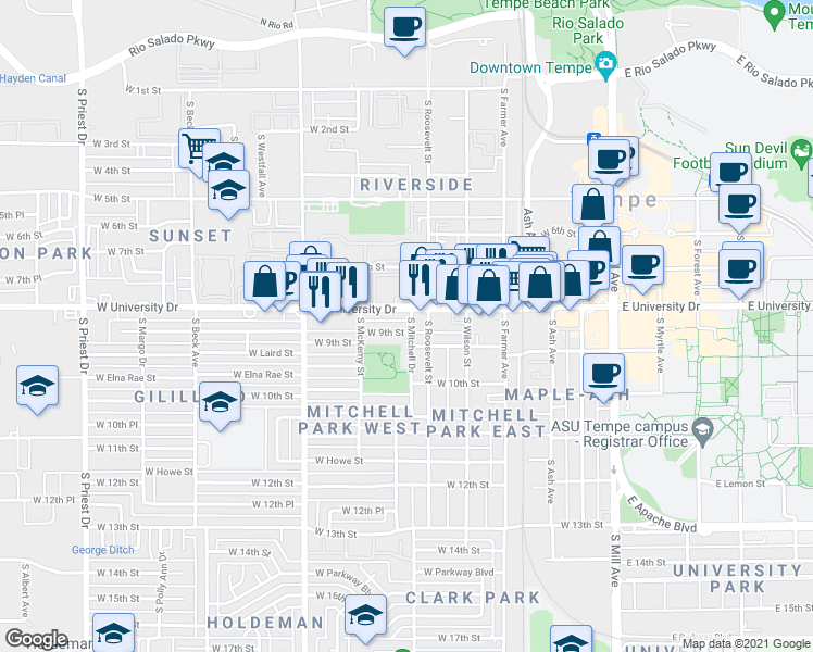 map of restaurants, bars, coffee shops, grocery stores, and more near 702 West 9th Street in Tempe