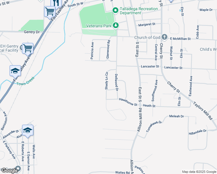 map of restaurants, bars, coffee shops, grocery stores, and more near 1010 Shady Lane Circle in Talladega
