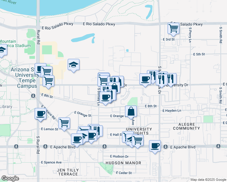 map of restaurants, bars, coffee shops, grocery stores, and more near 1435 East University Drive in Tempe