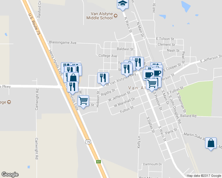 map of restaurants, bars, coffee shops, grocery stores, and more near 440 Rigsby Street in Van Alstyne