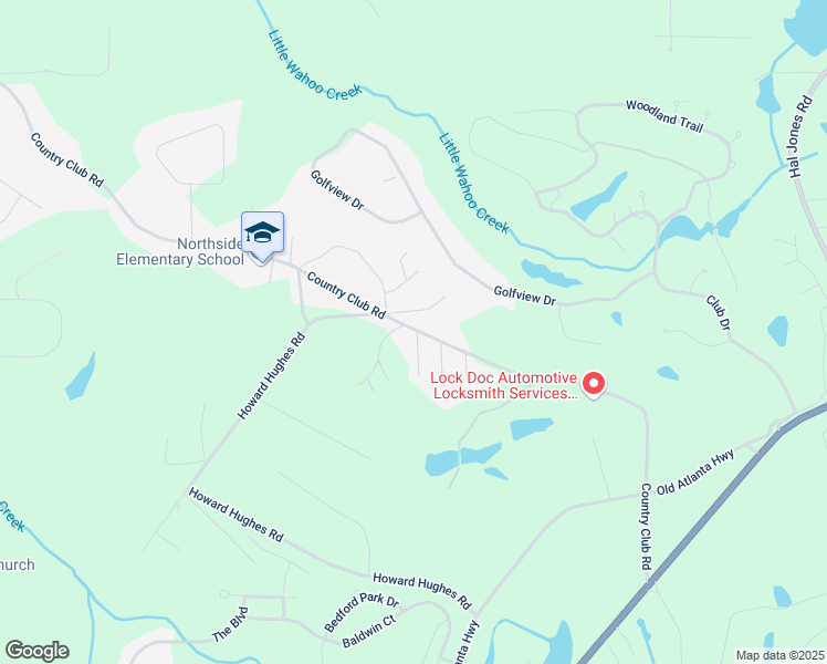 map of restaurants, bars, coffee shops, grocery stores, and more near 36 Country Club Road in Newnan