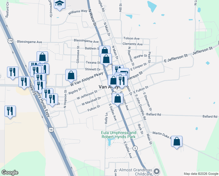 map of restaurants, bars, coffee shops, grocery stores, and more near 102 South Waco Street in Van Alstyne
