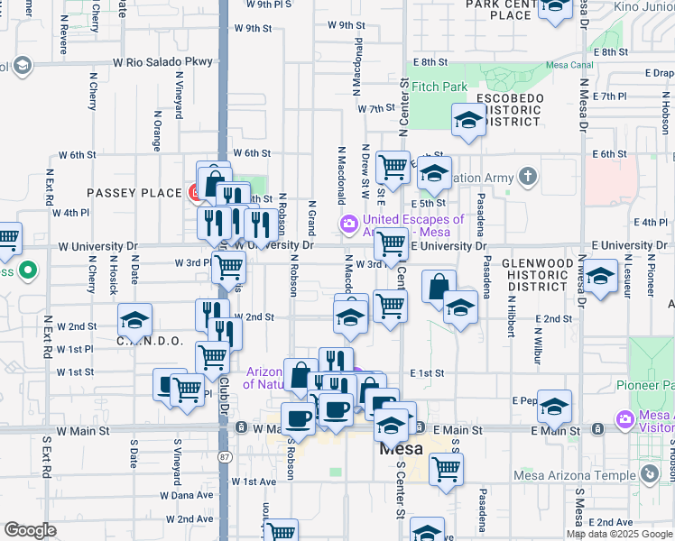 map of restaurants, bars, coffee shops, grocery stores, and more near 264 North MacDonald in Mesa