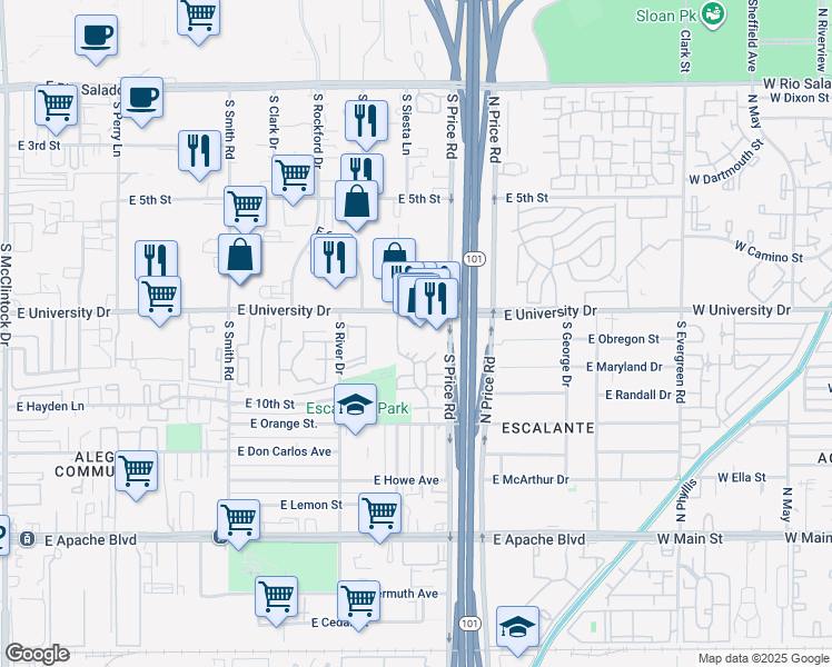 map of restaurants, bars, coffee shops, grocery stores, and more near 2145 East University Drive in Tempe