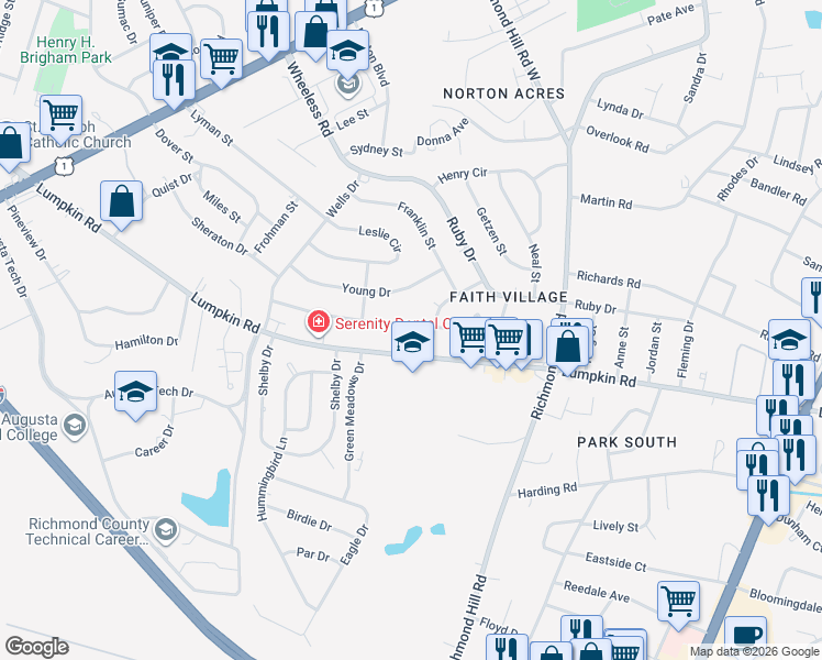 map of restaurants, bars, coffee shops, grocery stores, and more near 2358 Norton Drive in Augusta
