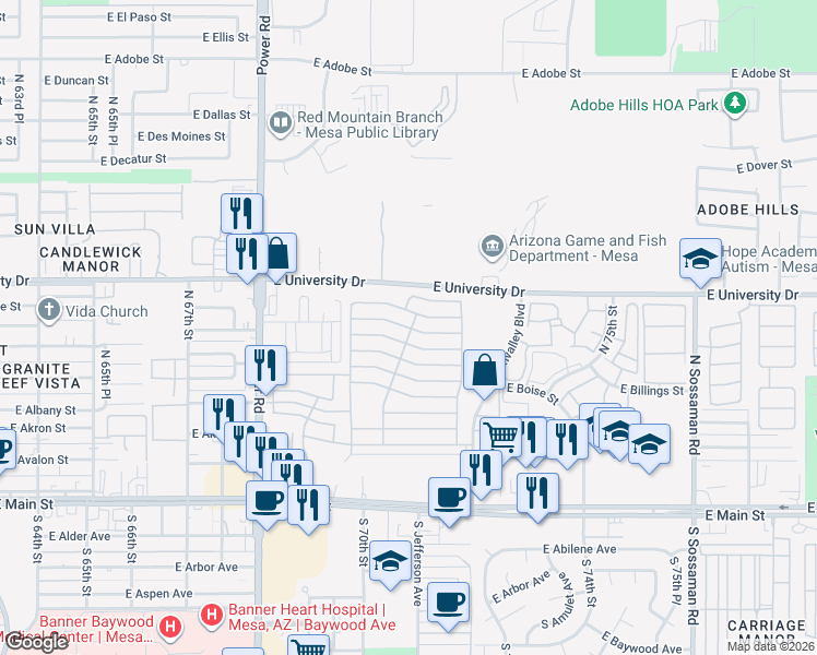 map of restaurants, bars, coffee shops, grocery stores, and more near East 8th Avenue in Mesa