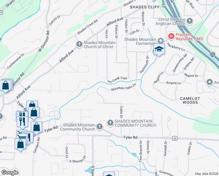 map of restaurants, bars, coffee shops, grocery stores, and more near 1038 Mountain Oaks Drive in Birmingham