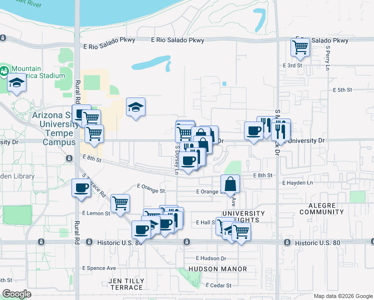 map of restaurants, bars, coffee shops, grocery stores, and more near 1260 East University Drive in Tempe