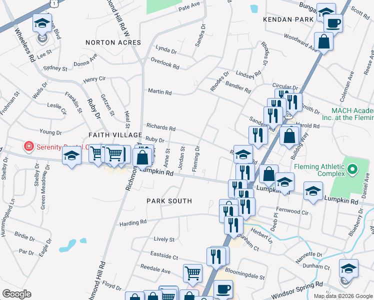 map of restaurants, bars, coffee shops, grocery stores, and more near 2801 Fleming Drive in Augusta