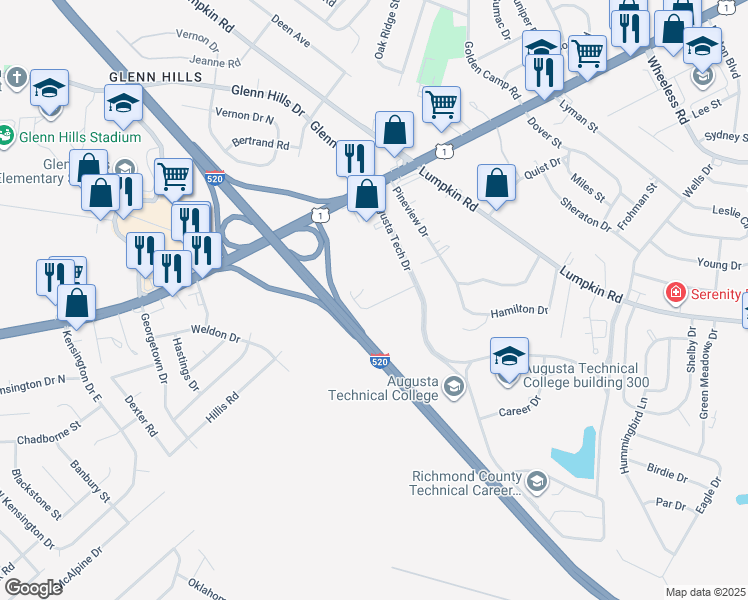 map of restaurants, bars, coffee shops, grocery stores, and more near 2413 Antebellum Drive in Augusta