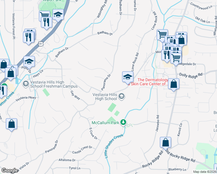 map of restaurants, bars, coffee shops, grocery stores, and more near 1525 Panorama Drive in Vestavia Hills
