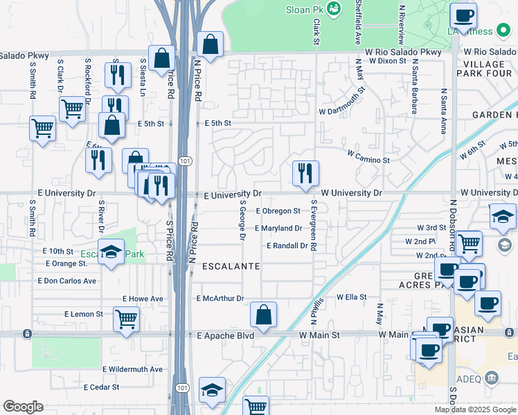 map of restaurants, bars, coffee shops, grocery stores, and more near 2416 East Laird Street in Tempe