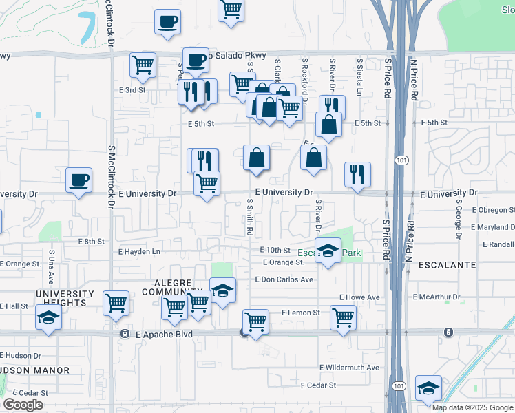 map of restaurants, bars, coffee shops, grocery stores, and more near 2007 East University Drive in Tempe