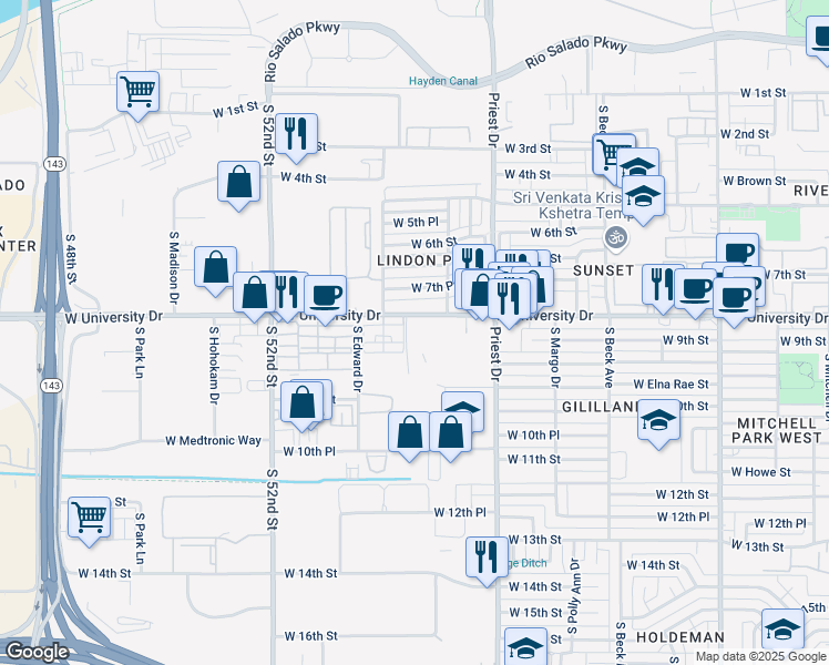 map of restaurants, bars, coffee shops, grocery stores, and more near 1605 West University Drive in Tempe