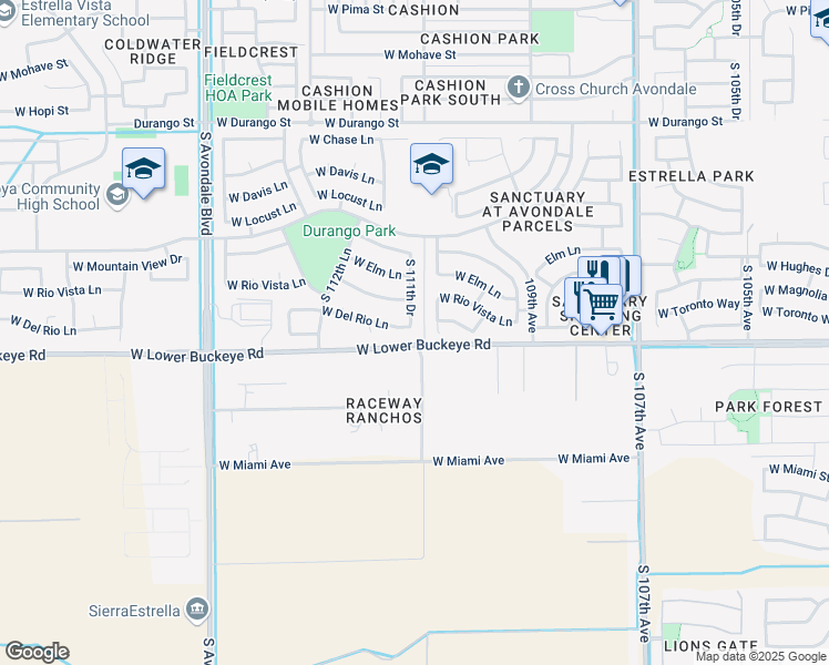 map of restaurants, bars, coffee shops, grocery stores, and more near 11151 West Del Rio Lane in Avondale
