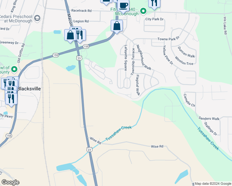 map of restaurants, bars, coffee shops, grocery stores, and more near 6041 Creekerton Boulevard in McDonough