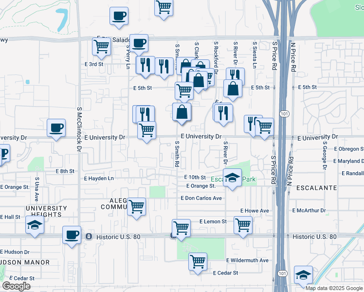 map of restaurants, bars, coffee shops, grocery stores, and more near 2007 East University Drive in Tempe
