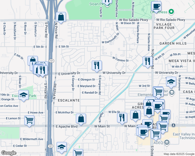 map of restaurants, bars, coffee shops, grocery stores, and more near 2535 East University Drive in Tempe