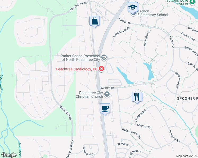 map of restaurants, bars, coffee shops, grocery stores, and more near 50 Joel Cowan Parkway in Peachtree City