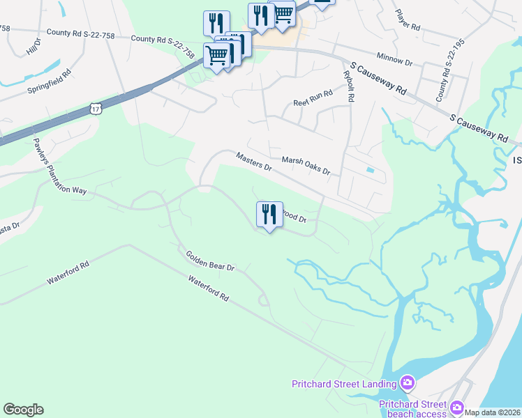 map of restaurants, bars, coffee shops, grocery stores, and more near 95 Weehawka Way in Pawleys Island