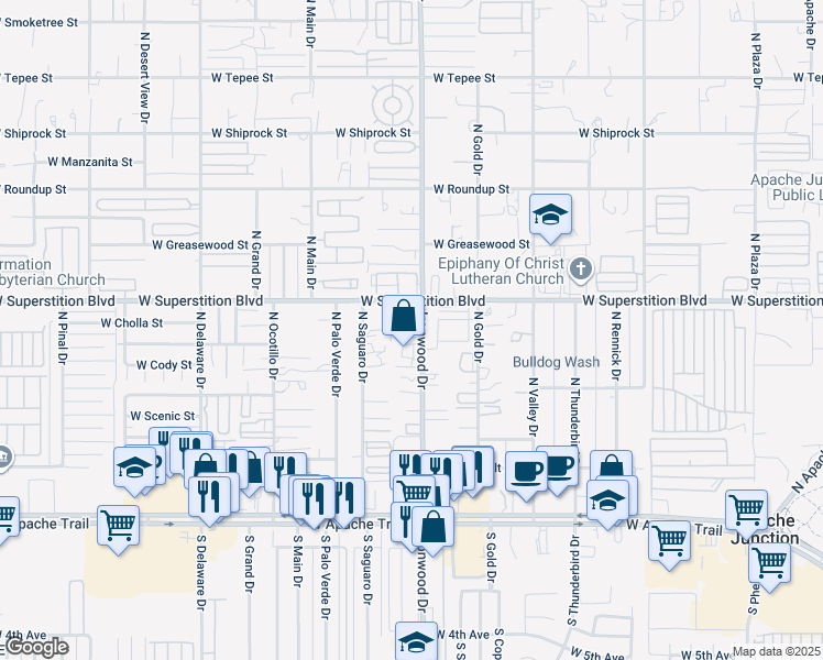map of restaurants, bars, coffee shops, grocery stores, and more near 710 North Ironwood Drive in Apache Junction