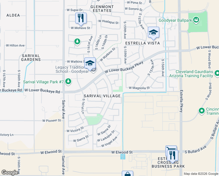 map of restaurants, bars, coffee shops, grocery stores, and more near 2811 South 160th Lane in Goodyear