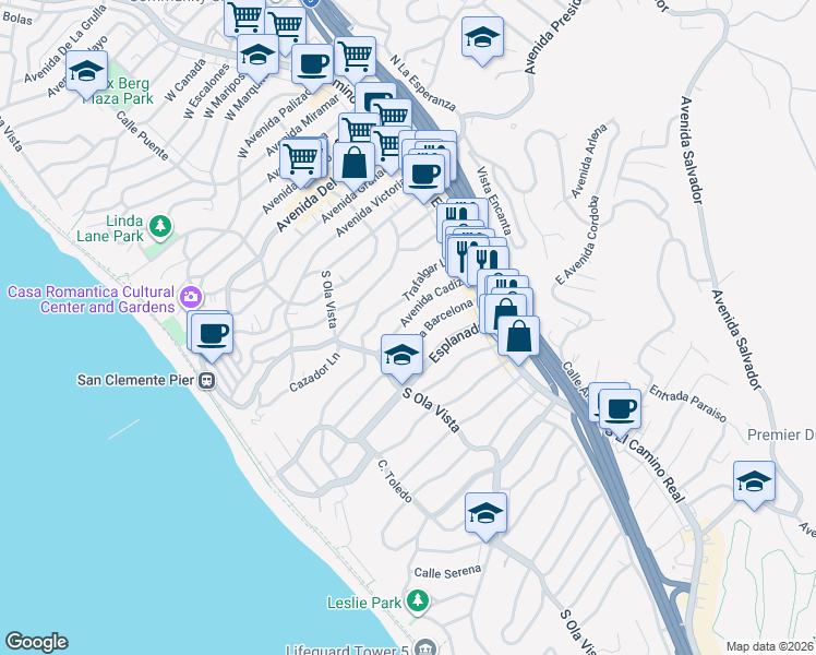 map of restaurants, bars, coffee shops, grocery stores, and more near 139 Avenida Cadiz in San Clemente