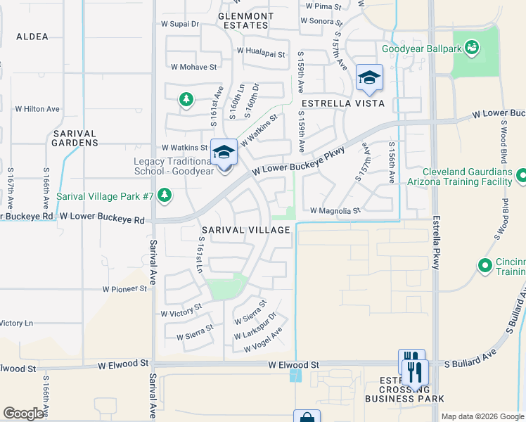 map of restaurants, bars, coffee shops, grocery stores, and more near 2811 South 160th Lane in Goodyear