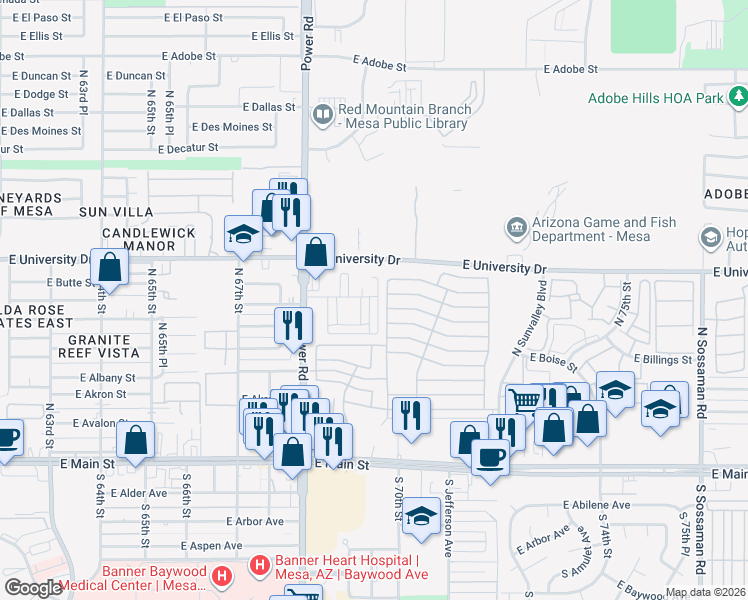 map of restaurants, bars, coffee shops, grocery stores, and more near 307 North 69th Place in Mesa