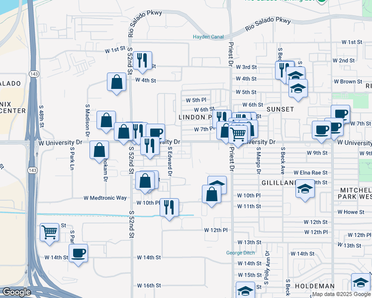 map of restaurants, bars, coffee shops, grocery stores, and more near 1605 West University Drive in Tempe
