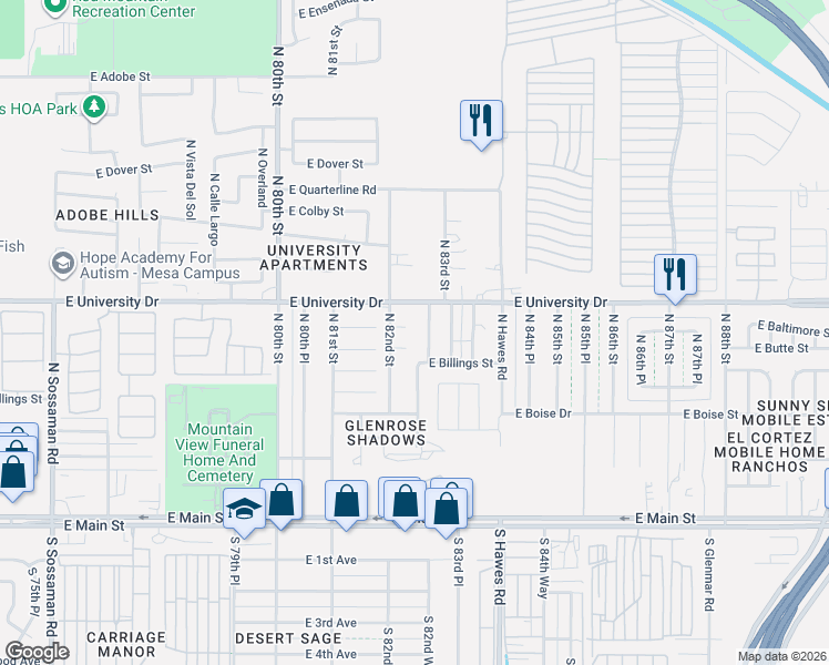map of restaurants, bars, coffee shops, grocery stores, and more near 8207 East Baltimore Street in Mesa