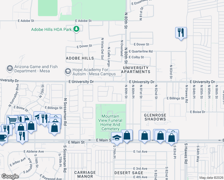 map of restaurants, bars, coffee shops, grocery stores, and more near 339 North 79th Place in Mesa