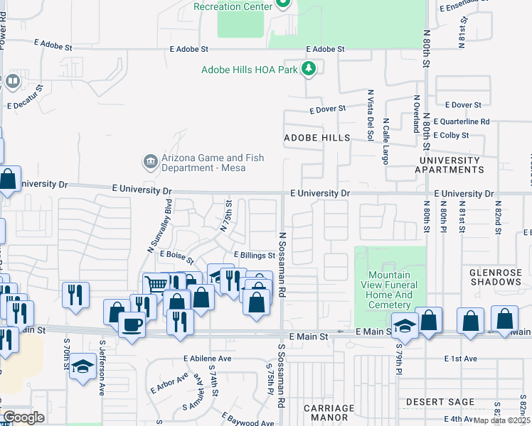 map of restaurants, bars, coffee shops, grocery stores, and more near 7520 East Billings Street in Mesa