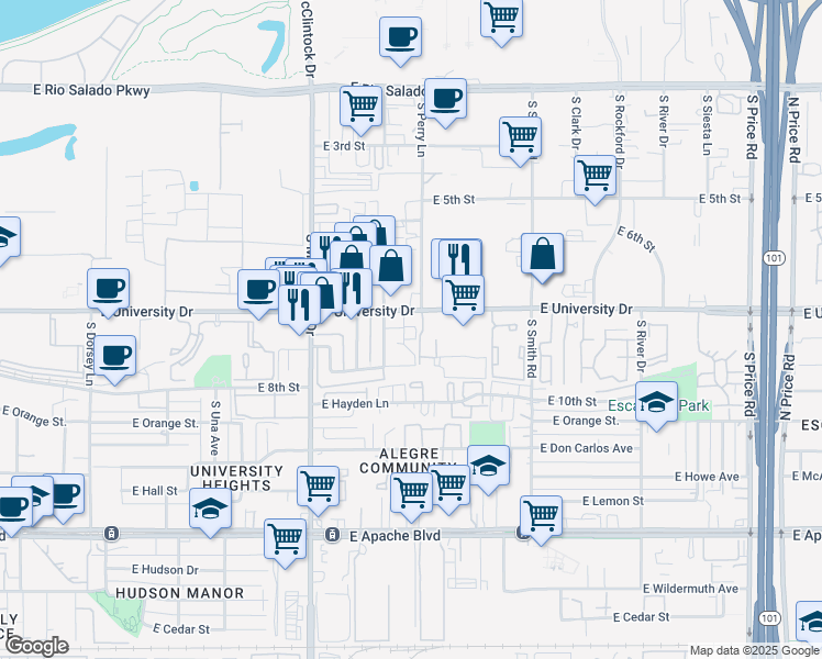 map of restaurants, bars, coffee shops, grocery stores, and more near 1873 East University Drive in Tempe