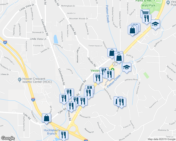 map of restaurants, bars, coffee shops, grocery stores, and more near 2717 Southbury Circle in Vestavia Hills
