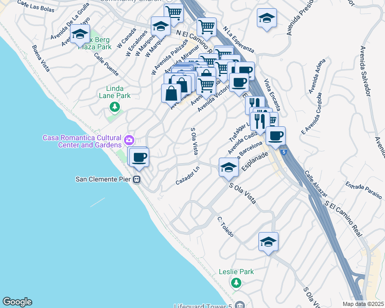 map of restaurants, bars, coffee shops, grocery stores, and more near 309 Avenida Monterey in San Clemente
