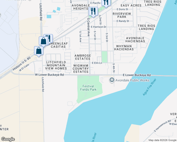 map of restaurants, bars, coffee shops, grocery stores, and more near 1308 South Central Avenue in Avondale