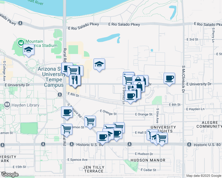 map of restaurants, bars, coffee shops, grocery stores, and more near 1265 East University Drive in Tempe